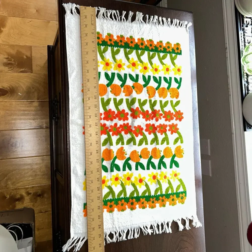 2 NOS vintage floral towels 1970s orange yellow green flower fringe edges retro